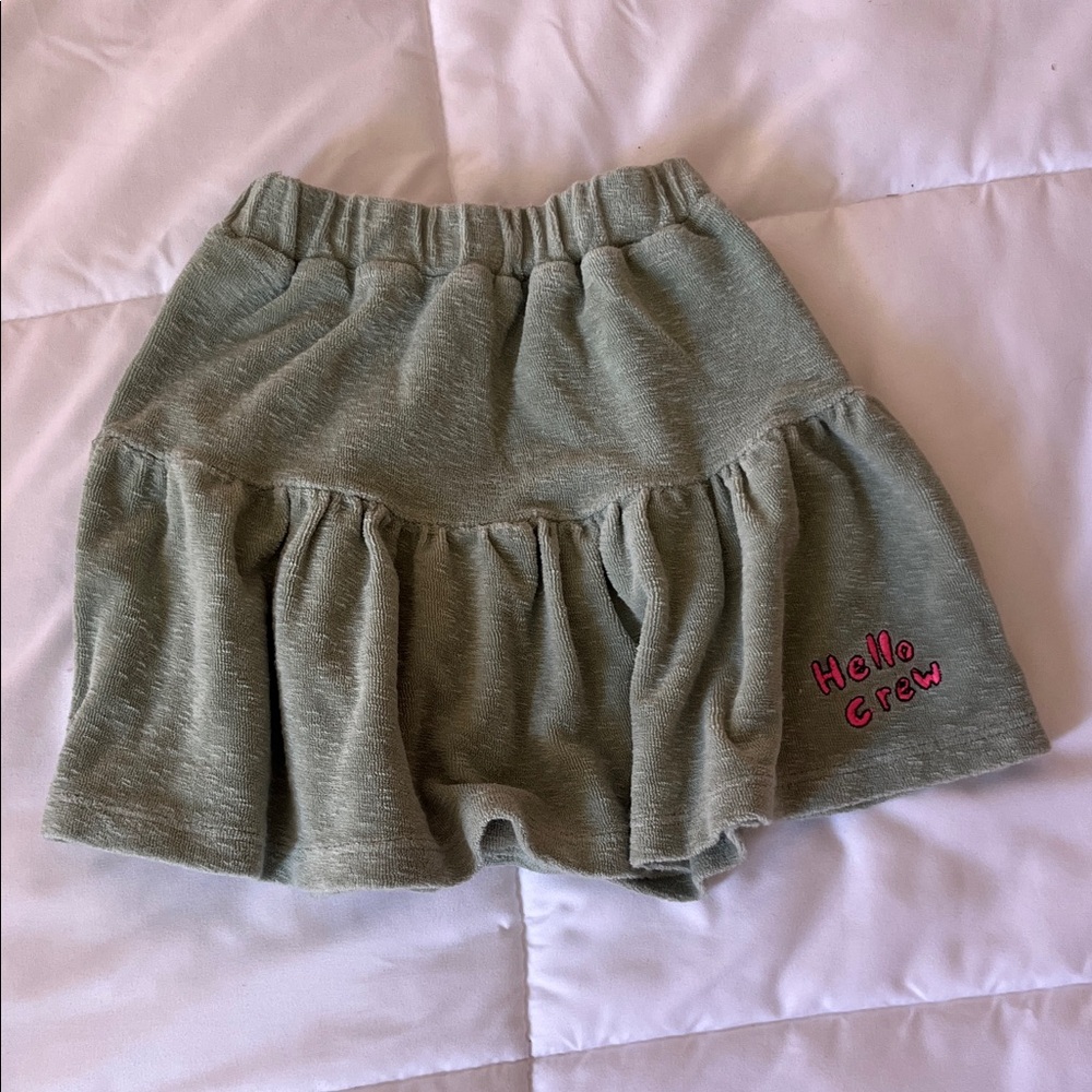 Zara Sage Green Ruffle Skort with Pink 'Hello Crew' Embroidery